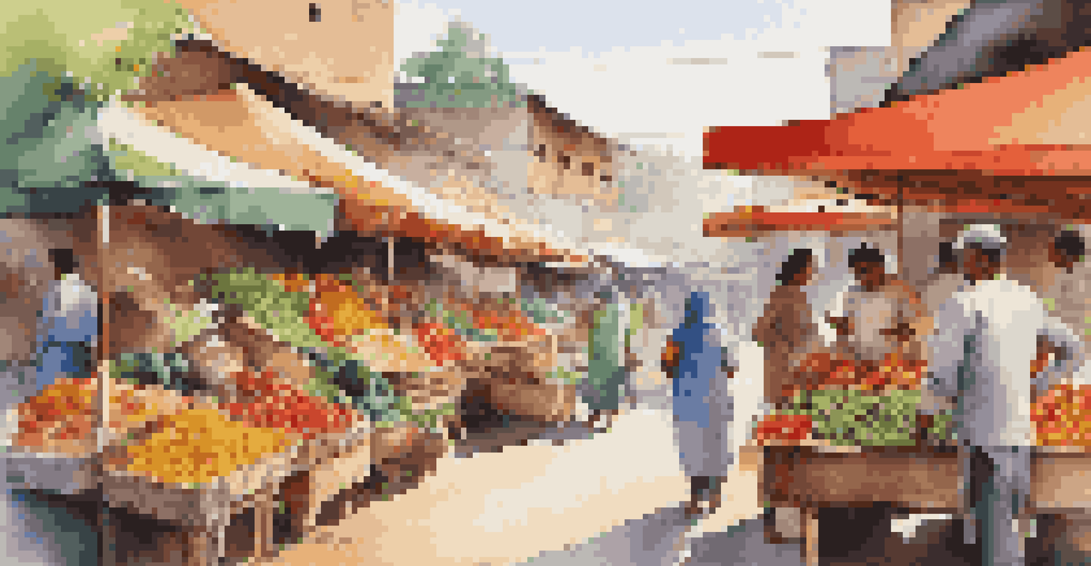 A lively local market with colorful fruits, vegetables, and handmade crafts, vendors interacting with customers, showcasing a vibrant atmosphere.