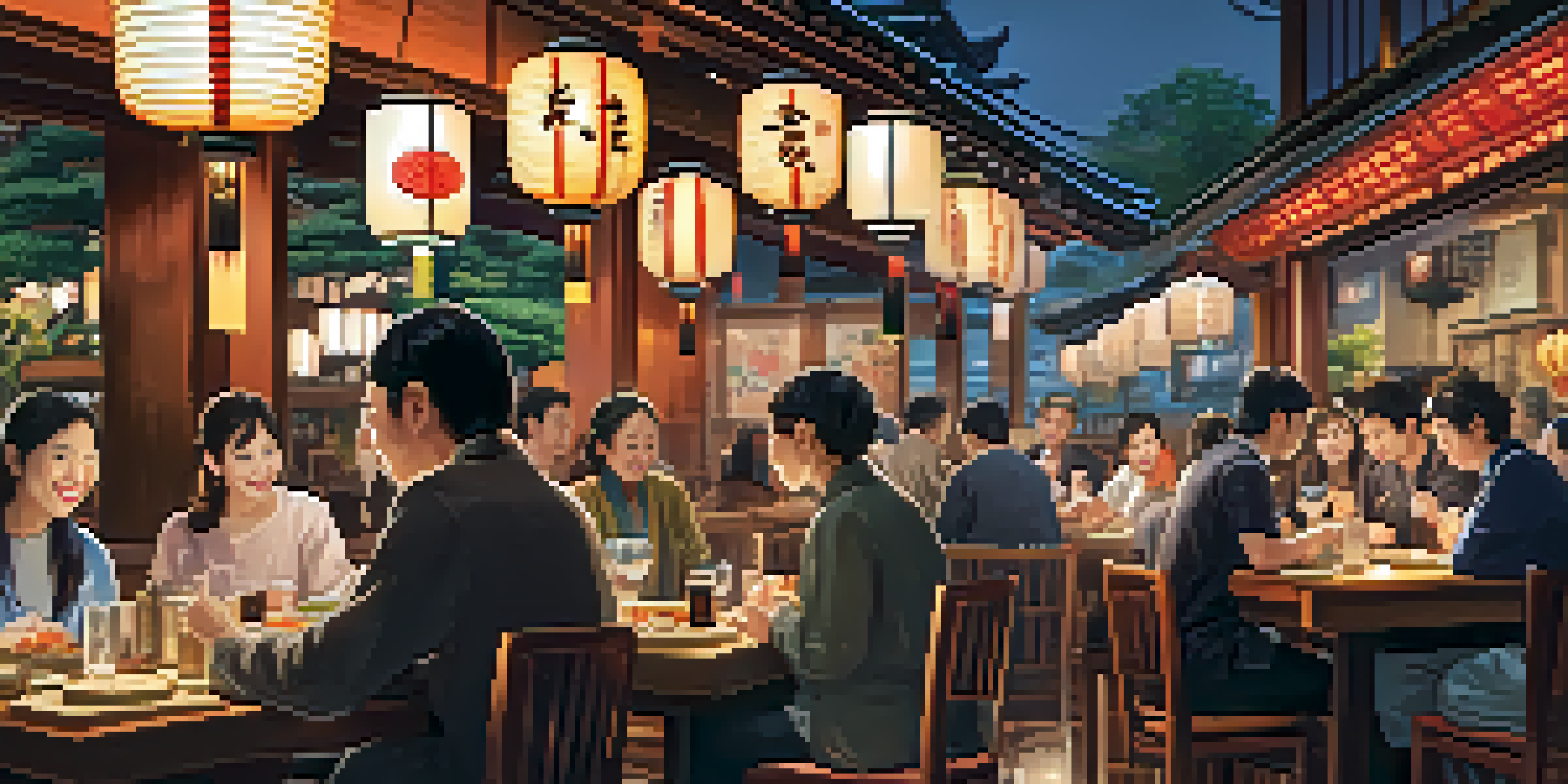 A traveler in a busy Tokyo restaurant using a smartphone language translation app to order food, surrounded by colorful decor and diners enjoying their meals.