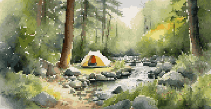 A peaceful camping scene with a tent, a stream, and a campfire surrounded by trees and wildflowers.
