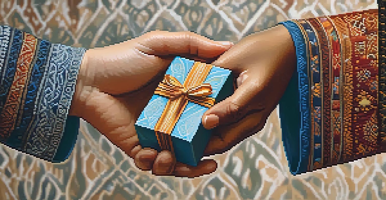 Hands from different cultures exchanging a small gift, symbolizing respect and connection.