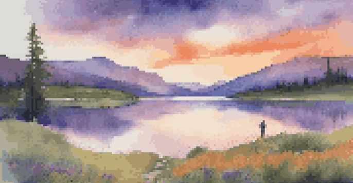 A traveler stands by a calm lake during sunset, with mountains in the background and colorful skies.
