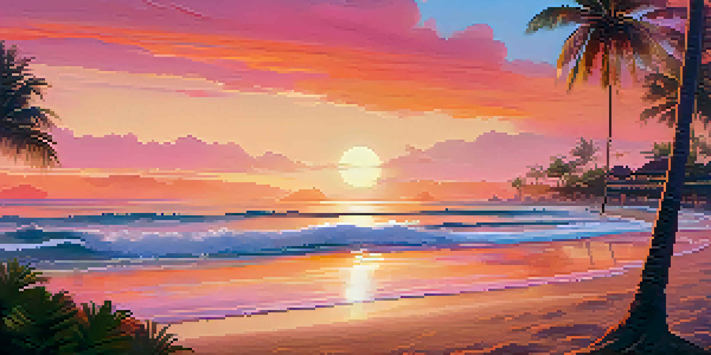 A beautiful beach in Bali during sunset, with golden sands, palm trees, and a coworking space visible in the background.