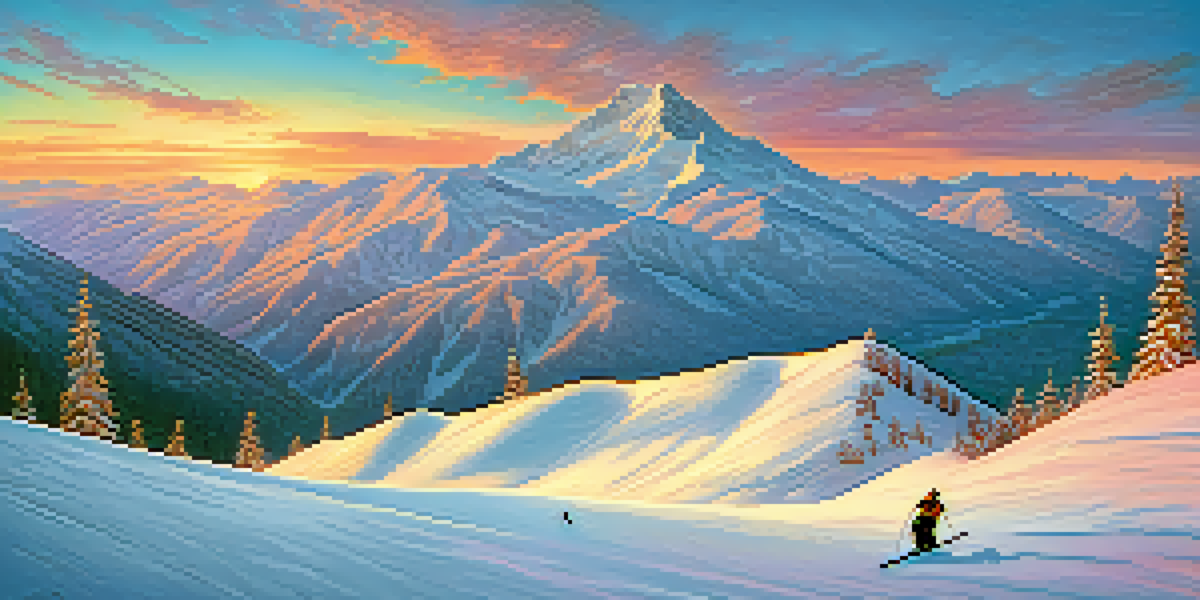 A group of skiers on a snow-covered mountain slope at sunrise, with colorful sky and mountain range in the background.