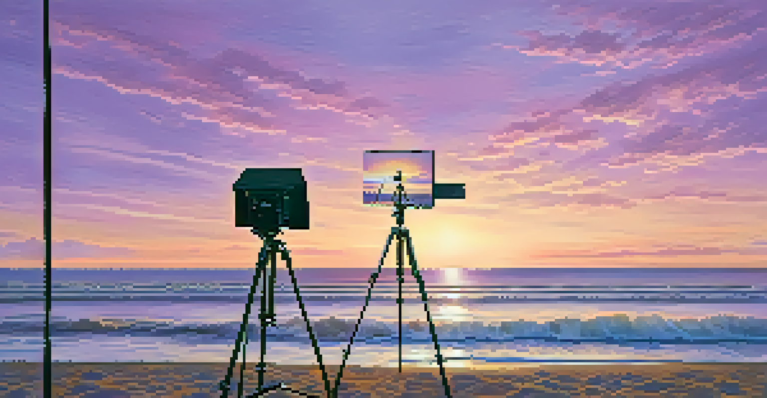 An outdoor photography setup at sunset, featuring a tripod, camera, and ocean view.