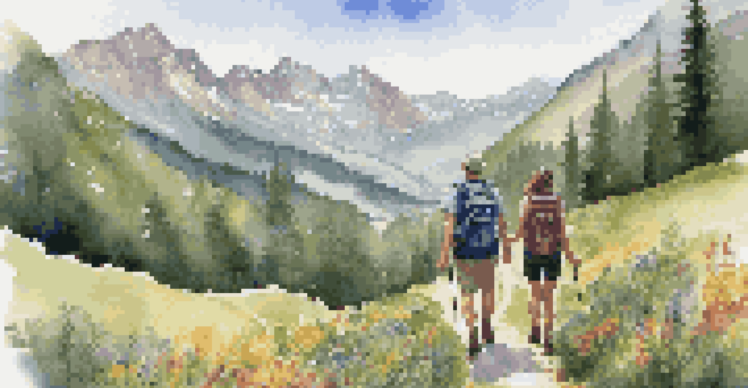A couple hiking on a mountain trail, surrounded by greenery and wildflowers, laughing together.