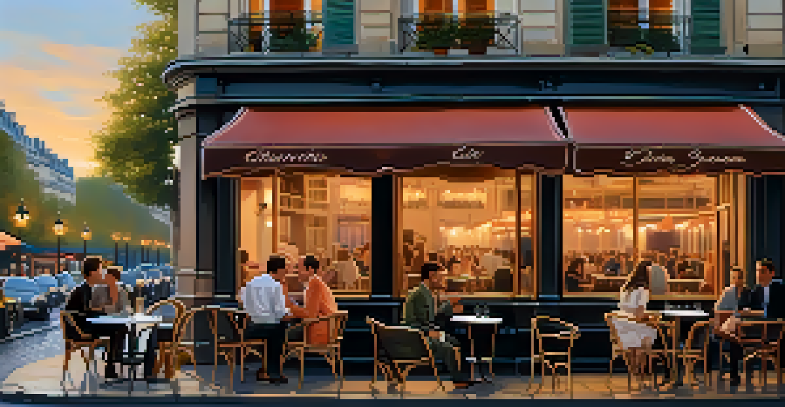 A lively outdoor café in Paris with friends greeting each other with cheek kisses, surrounded by Parisian architecture at sunset.
