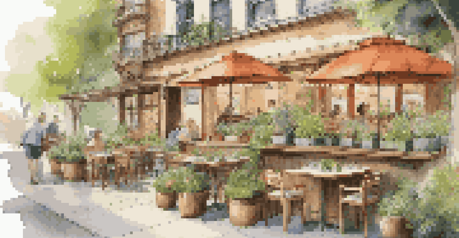 An eco-friendly café with outdoor seating surrounded by plants and rustic wooden furniture.