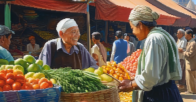 A woman interacting cheerfully with a local vendor at a colorful market filled with fruits and vegetables under warm sunlight.