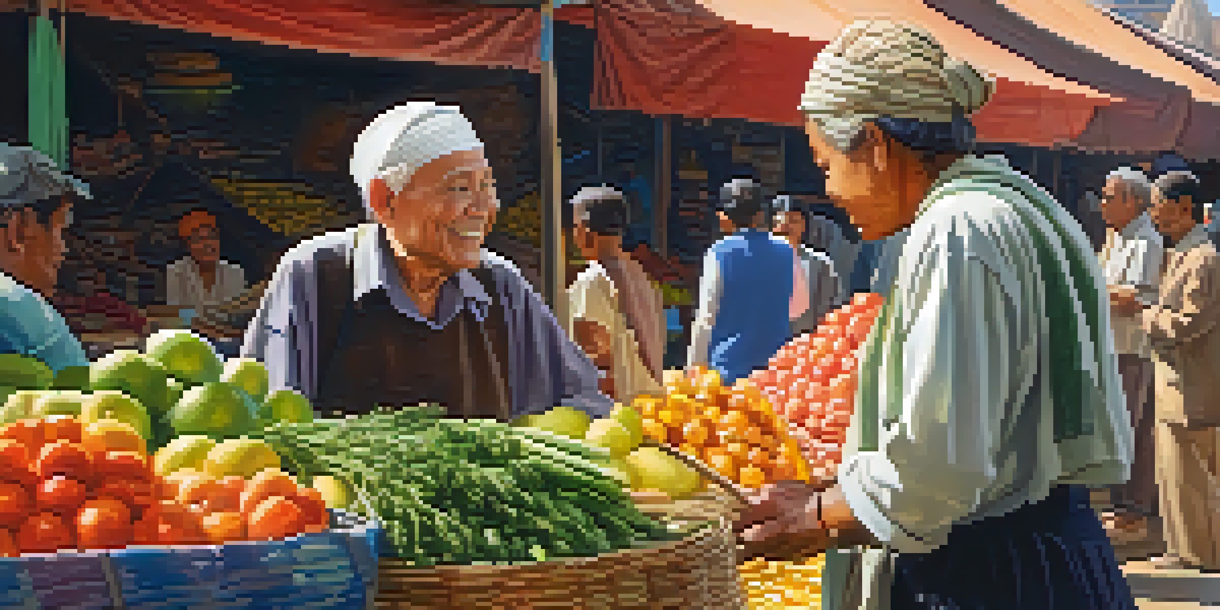 A woman interacting cheerfully with a local vendor at a colorful market filled with fruits and vegetables under warm sunlight.