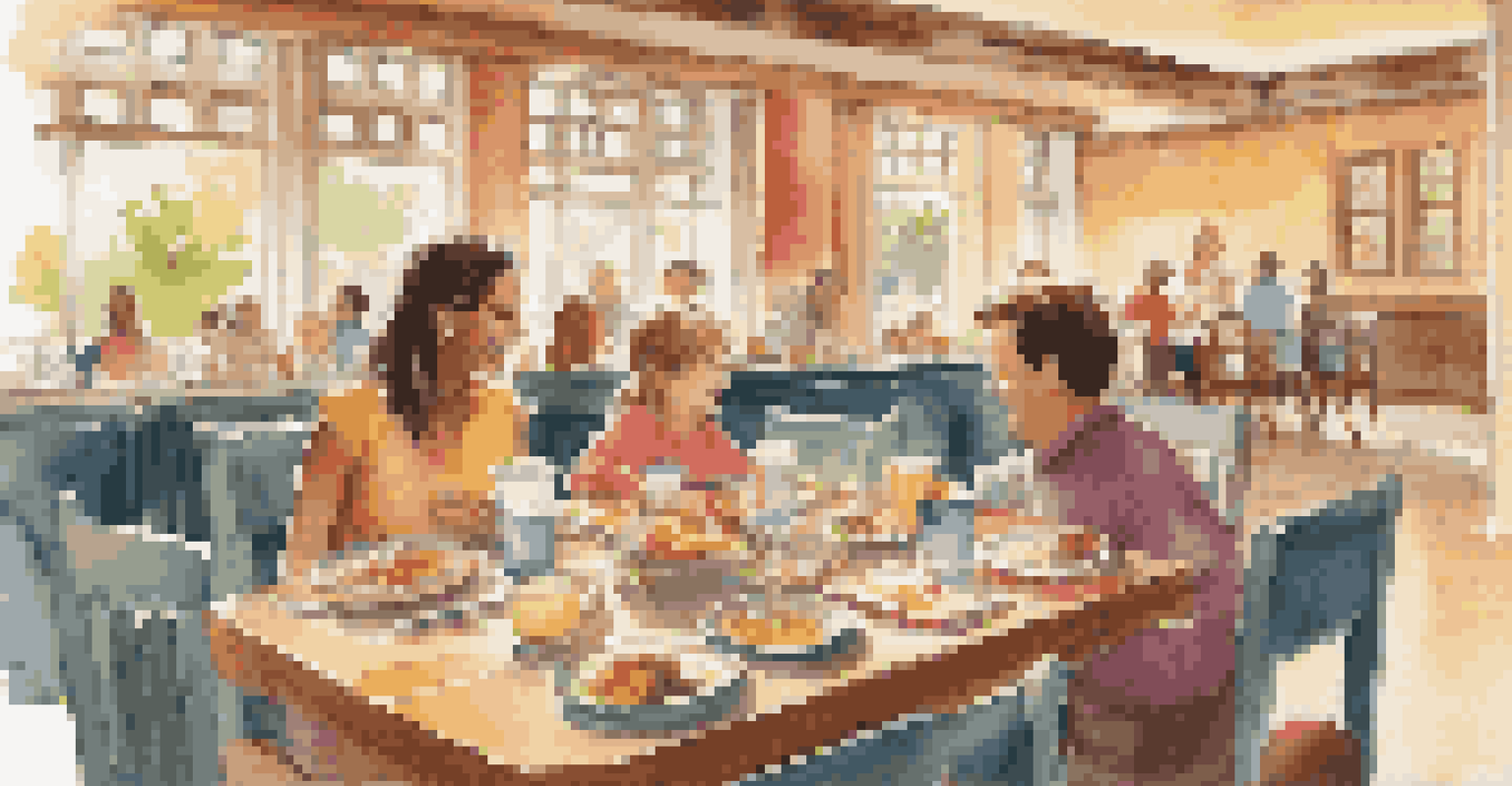 A cheerful family dining area in a hotel, with children enjoying their meals and a parent smiling at them.