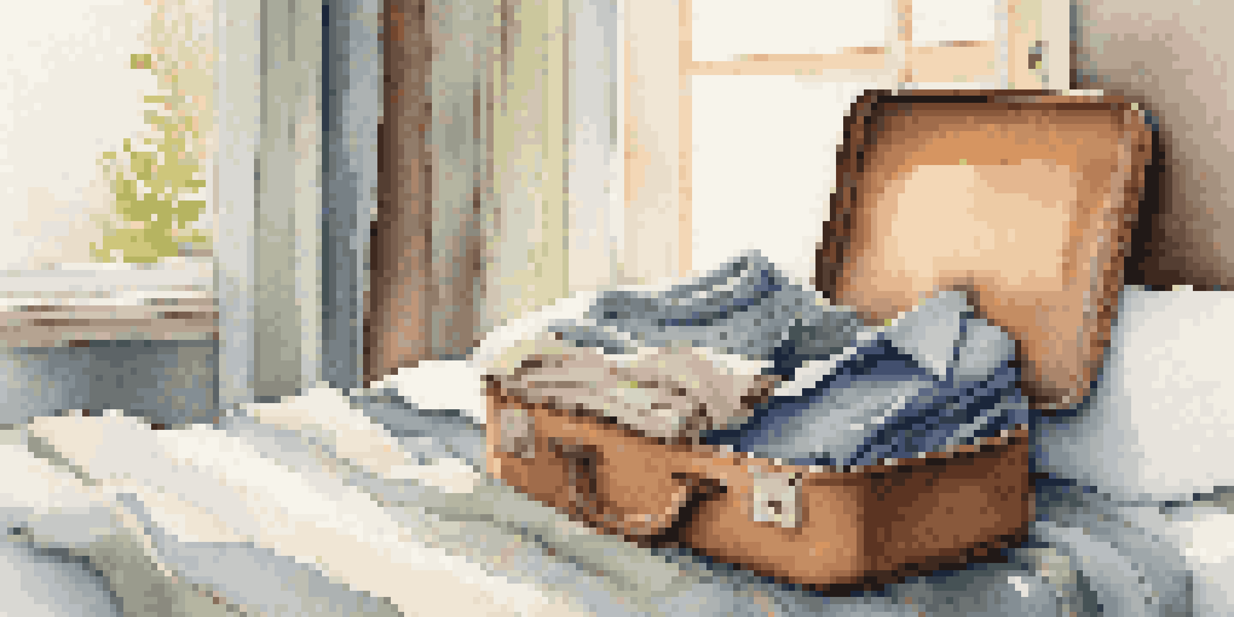 A neatly organized open suitcase on a bed with rolled clothes and versatile clothing items, illuminated by soft morning light.