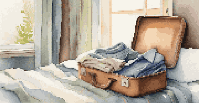 A neatly organized open suitcase on a bed with rolled clothes and versatile clothing items, illuminated by soft morning light.