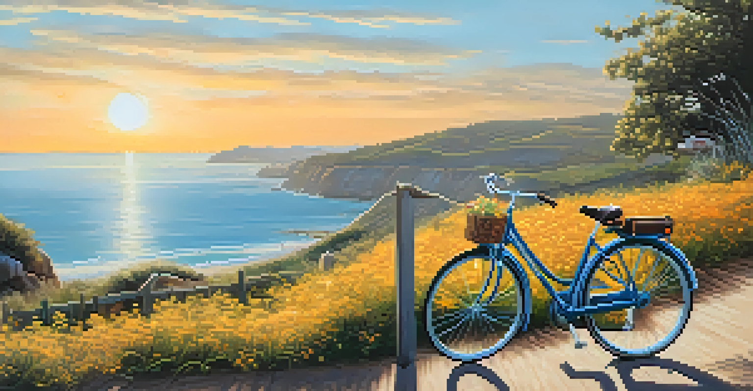 A bicycle parked on a coastal pathway with wildflowers and a sunset over the ocean, representing sustainable transportation.