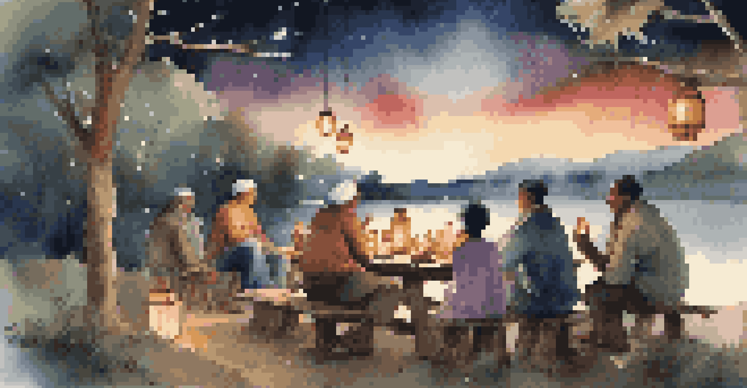 Travelers and villagers enjoying a meal together under a starry sky.