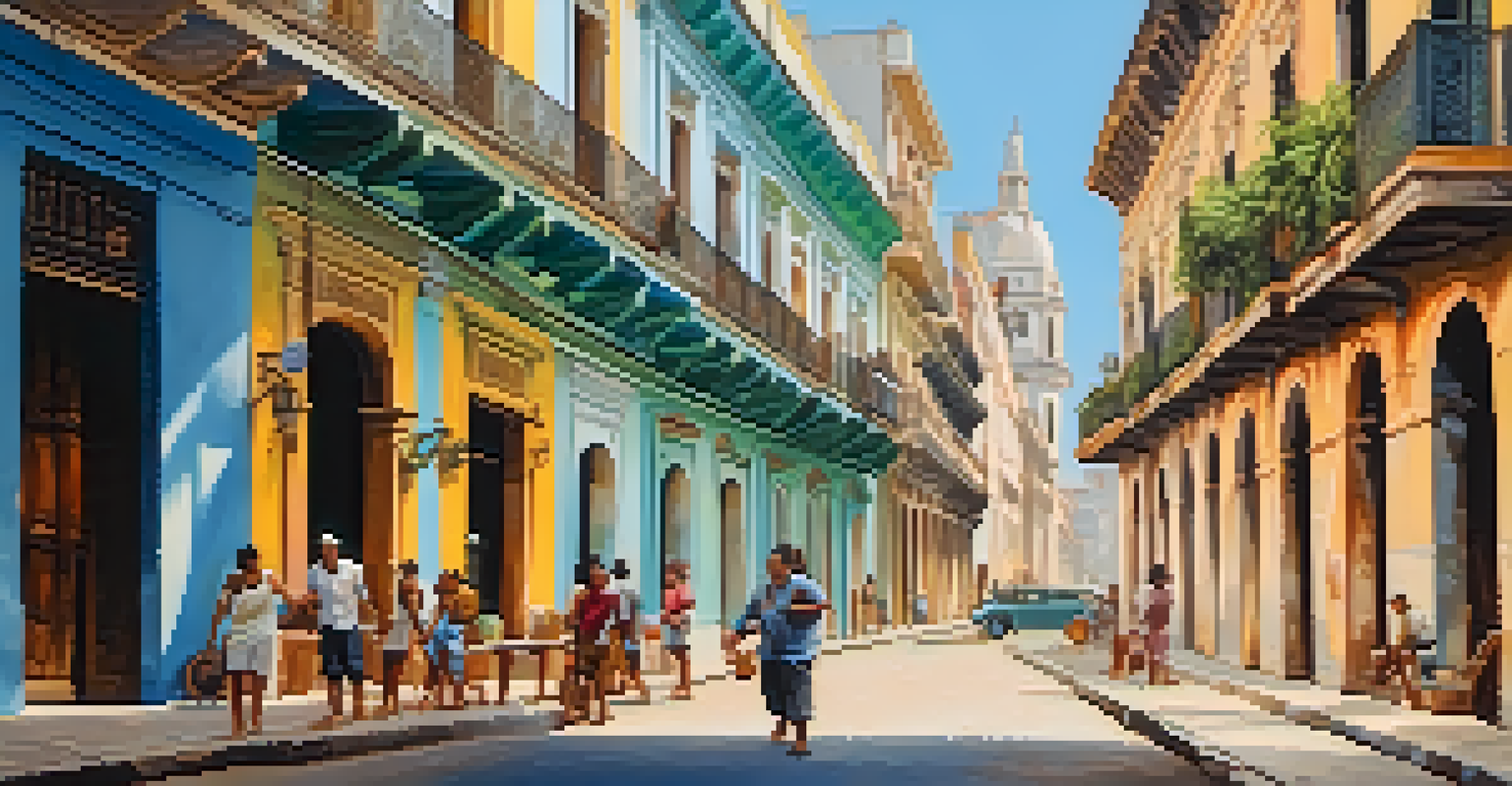 A lively street in Old Havana filled with colorful buildings and locals going about their day.