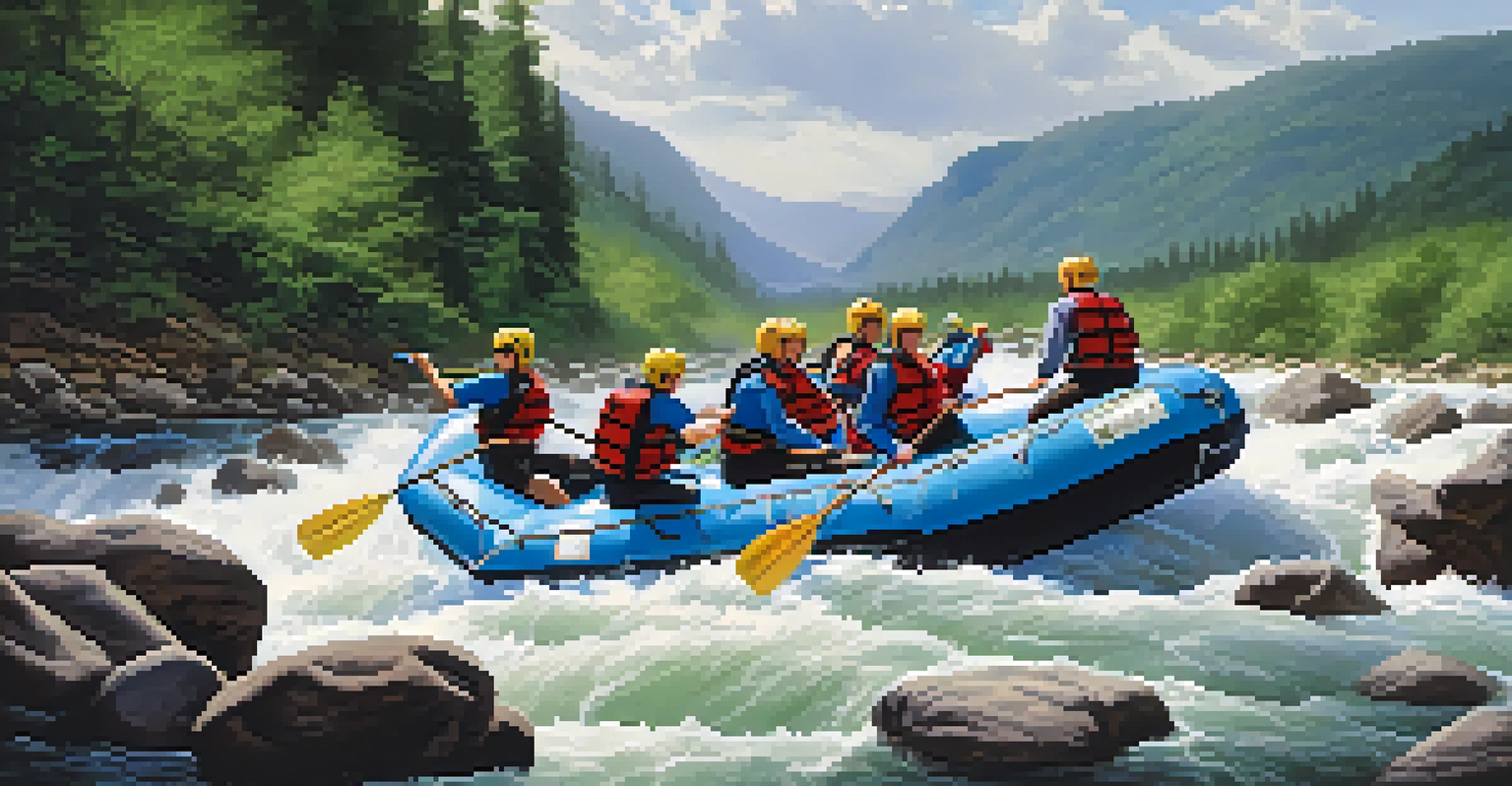 A group of adventurers white-water rafting on a turbulent river, surrounded by lush greenery and rocky cliffs.