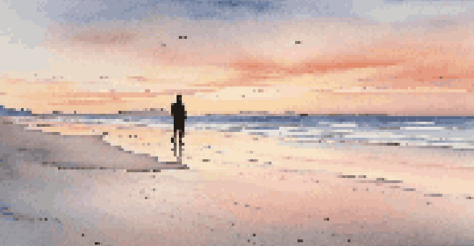 A peaceful beach at sunset with a lone traveler walking along the shoreline, leaving footprints in the sand.