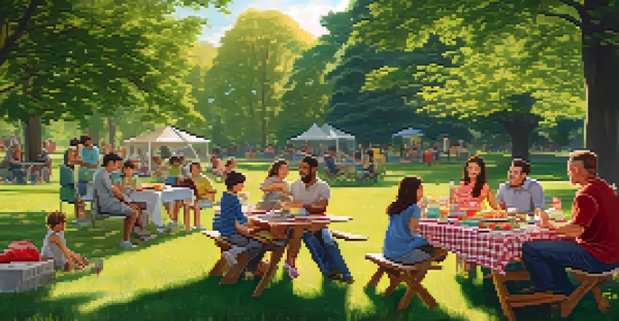 A cheerful family barbecue in a park with members of all ages, colorful blankets, and children playing.