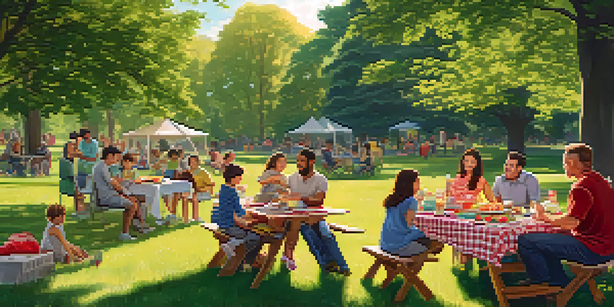 A cheerful family barbecue in a park with members of all ages, colorful blankets, and children playing.