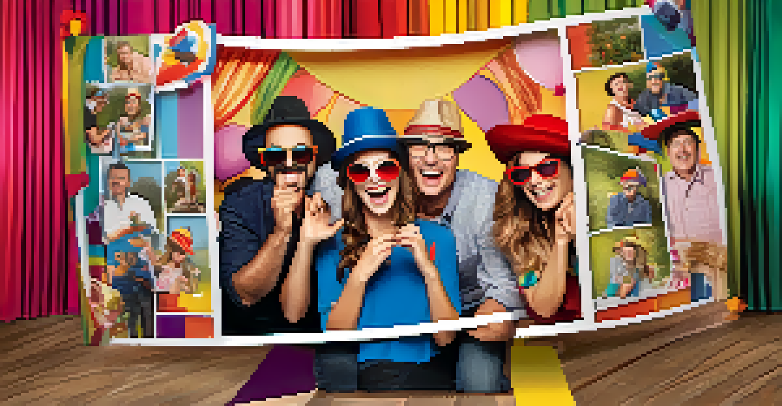 A cheerful photo booth at a family reunion with family members posing with fun props.