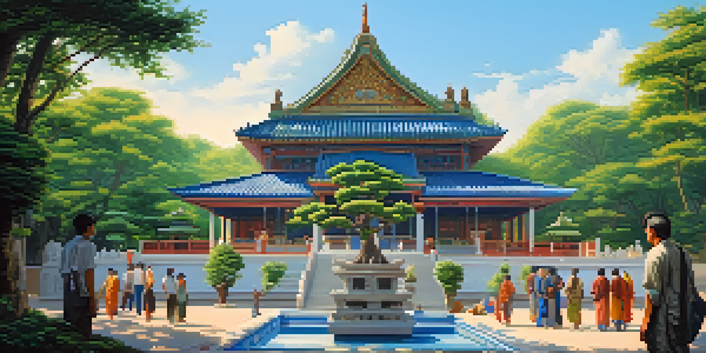 A traditional temple surrounded by green trees with tourists observing respectfully.