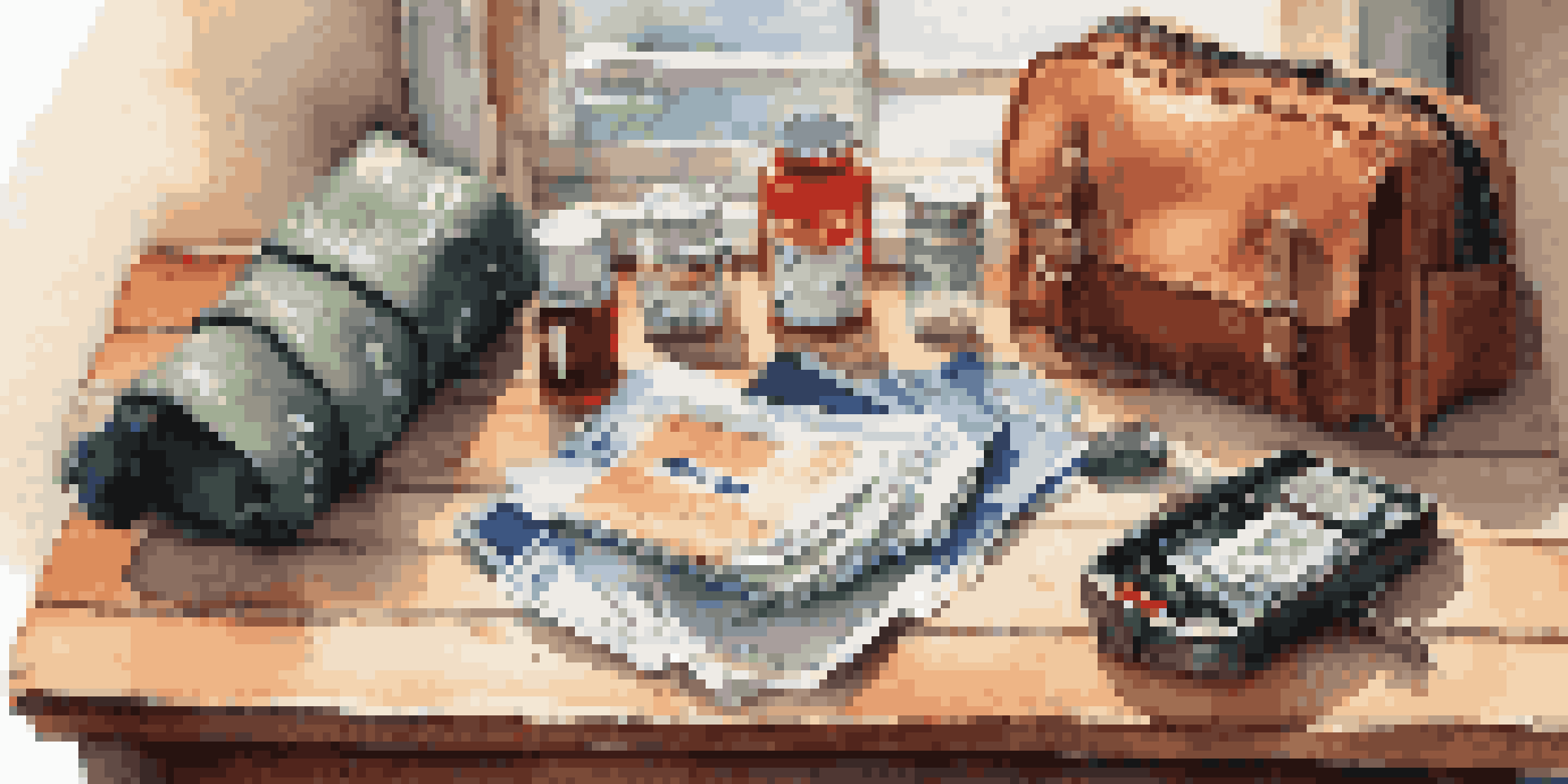 An organized traveler's emergency kit laid out on a wooden table, featuring a passport, emergency cash, a portable charger, and a first aid kit, illuminated by soft morning light.
