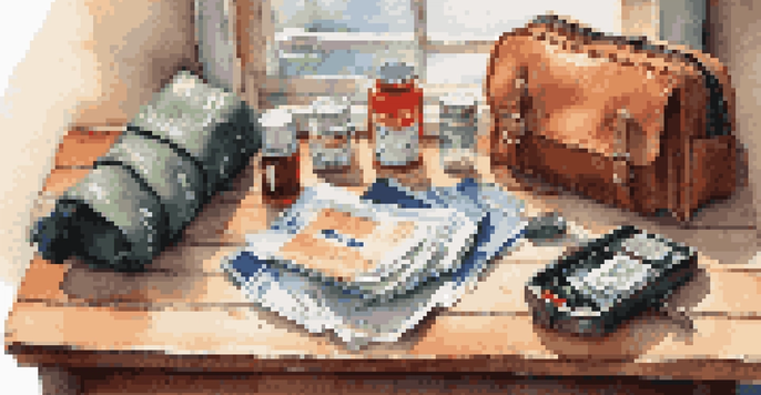 An organized traveler's emergency kit laid out on a wooden table, featuring a passport, emergency cash, a portable charger, and a first aid kit, illuminated by soft morning light.