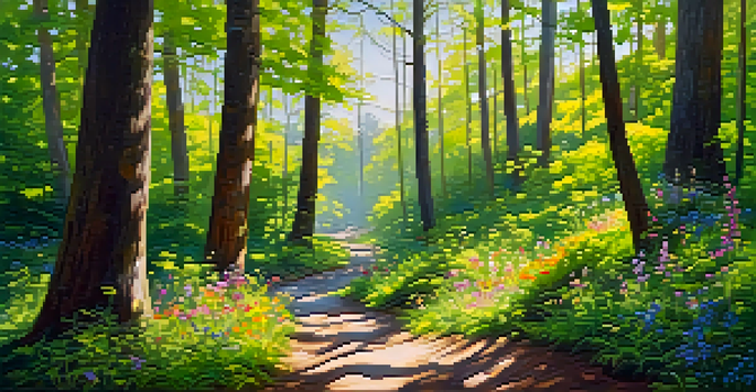A tranquil forest scene in spring with blooming flowers and sunlight filtering through the trees.
