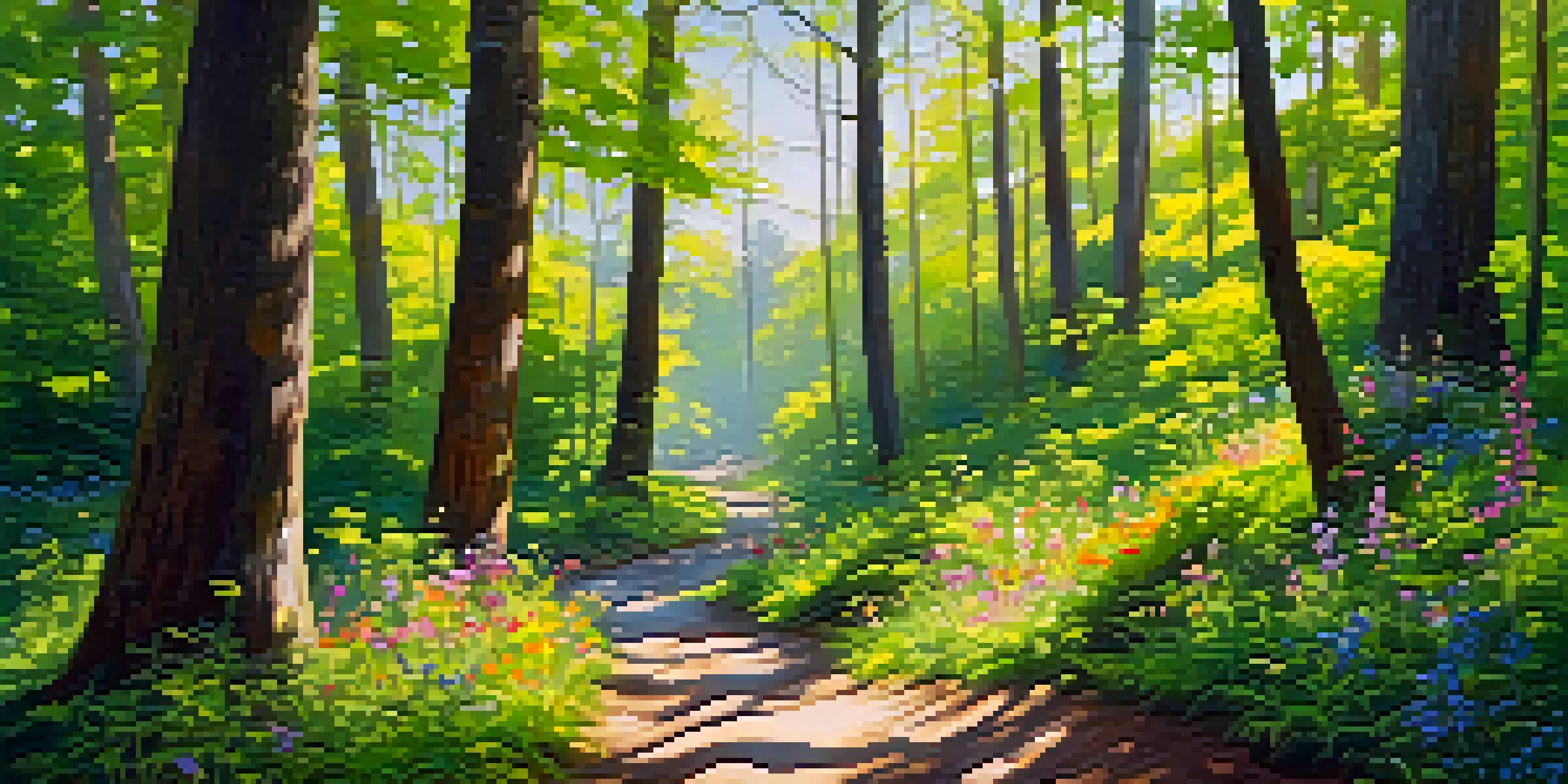 A tranquil forest scene in spring with blooming flowers and sunlight filtering through the trees.