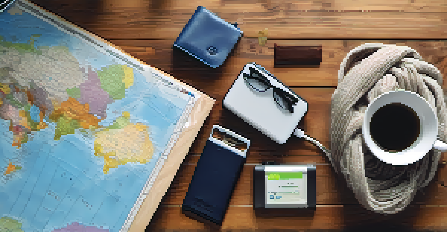 A traveler's essentials including a passport, smartphone, and reusable shopping bag arranged on a wooden table with a world map in the background.