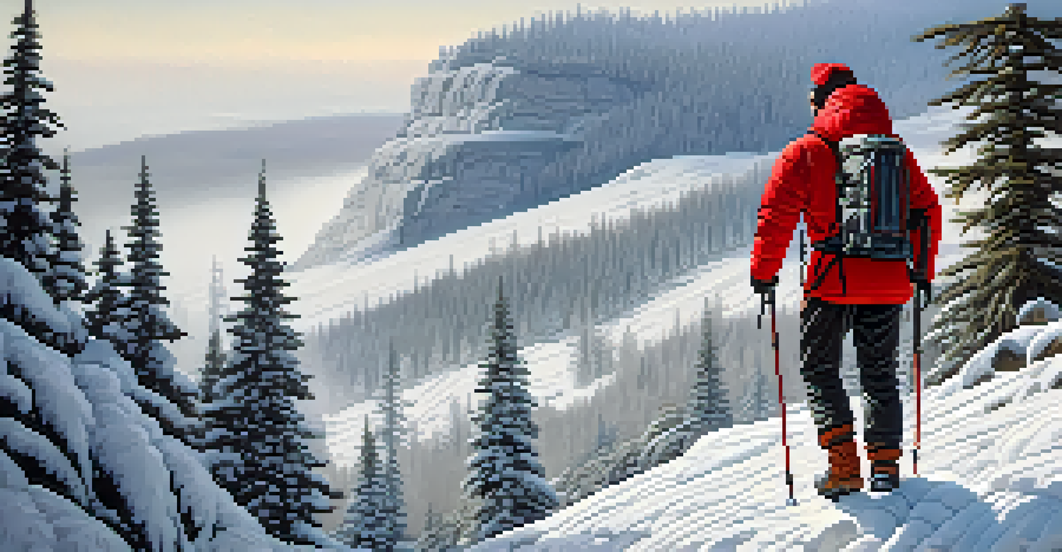 A winter hiker in red gear walking through a snowy forest towards a frozen waterfall under soft sunlight.
