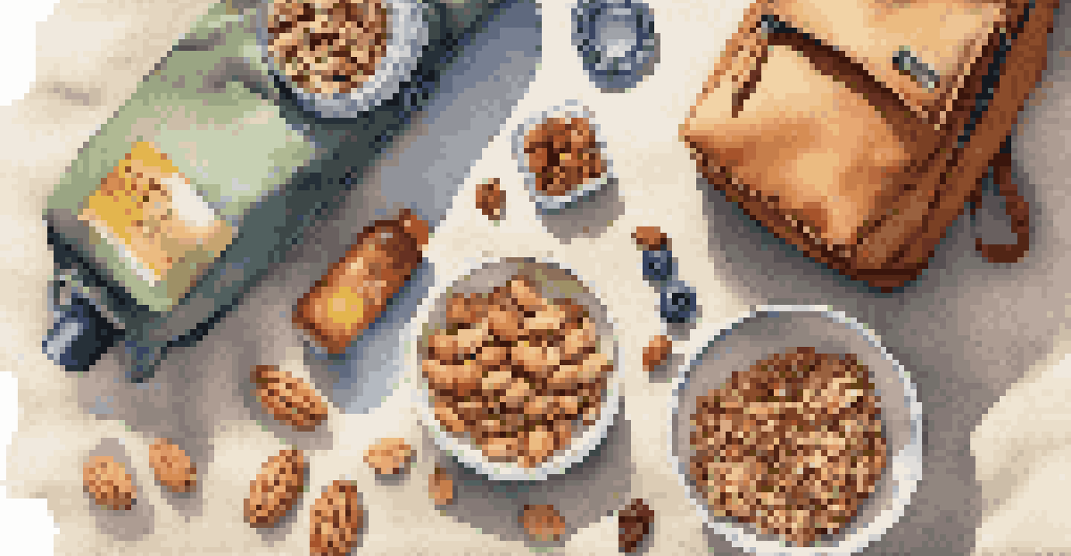 Healthy travel snacks displayed on a textured cloth with a reusable water bottle, bathed in warm sunlight.
