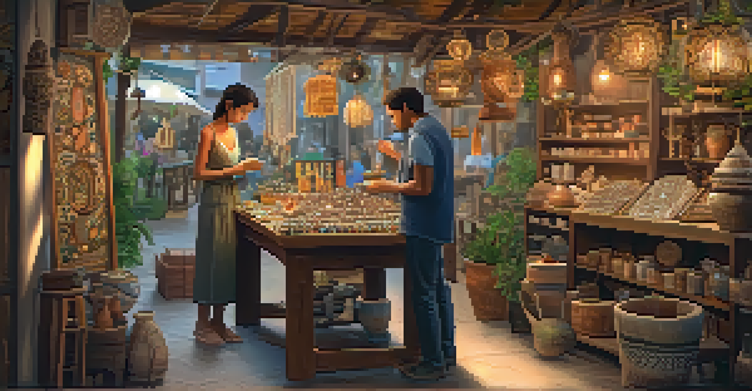 A cozy craft market corner showcasing handcrafted jewelry and pottery, with a vendor sharing stories with a customer.