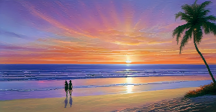 A couple walking hand in hand on a beach at sunset, with vibrant colors in the sky and gentle waves.