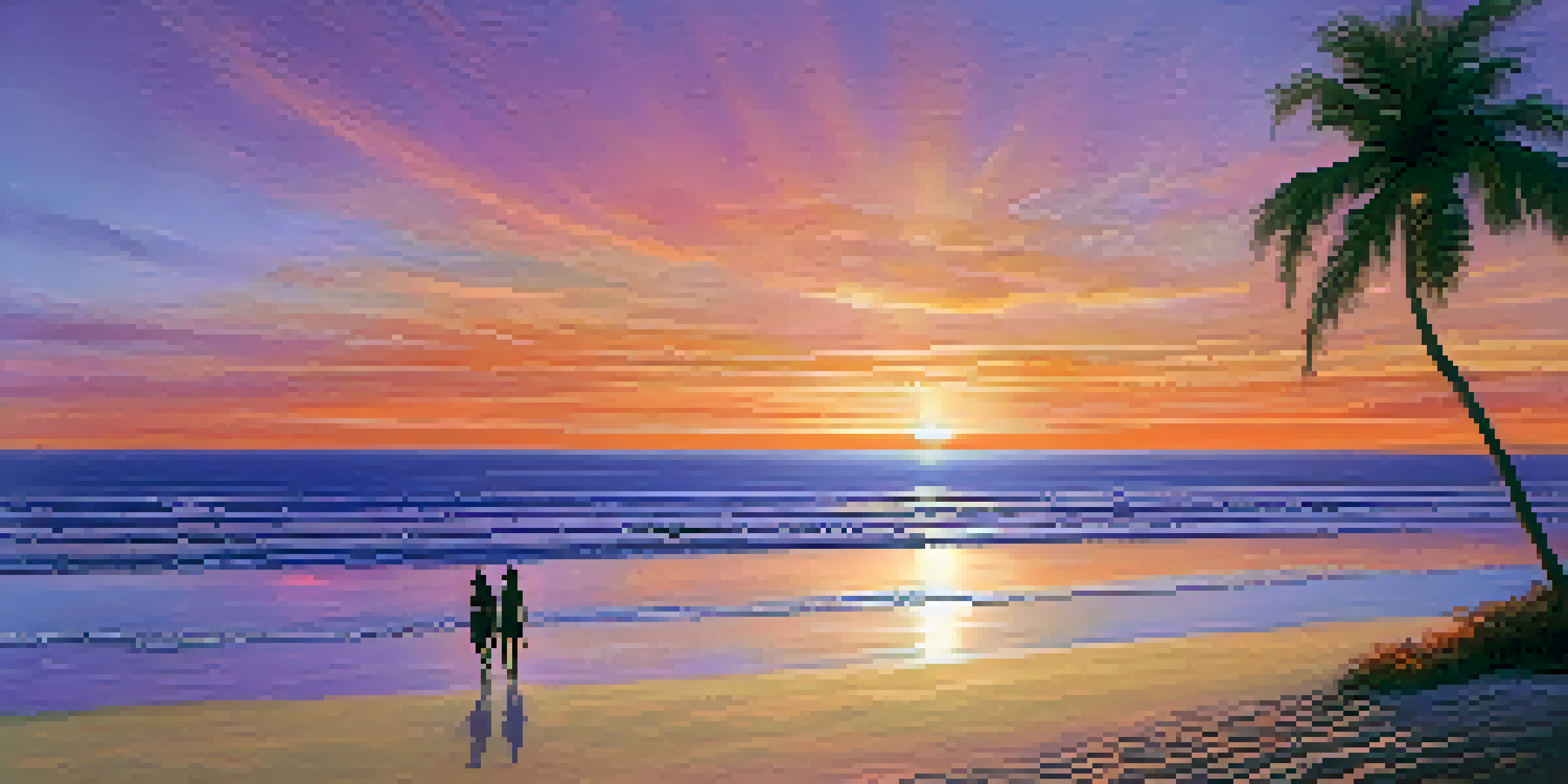 A couple walking hand in hand on a beach at sunset, with vibrant colors in the sky and gentle waves.