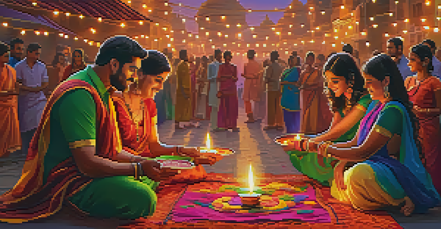 People exchanging decorative gifts during Diwali amidst colorful rangoli and oil lamps.