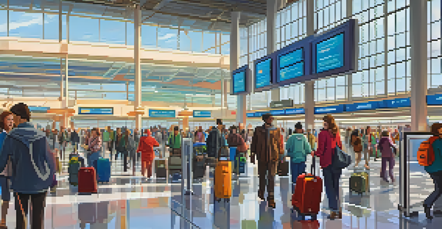 A busy airport terminal with travelers, colorful signs, and bright natural light.