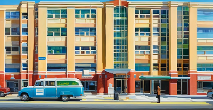 A traveler in front of a hospital, looking at their smartphone for emergency contact information, with colorful buildings and a blue sky in the background.