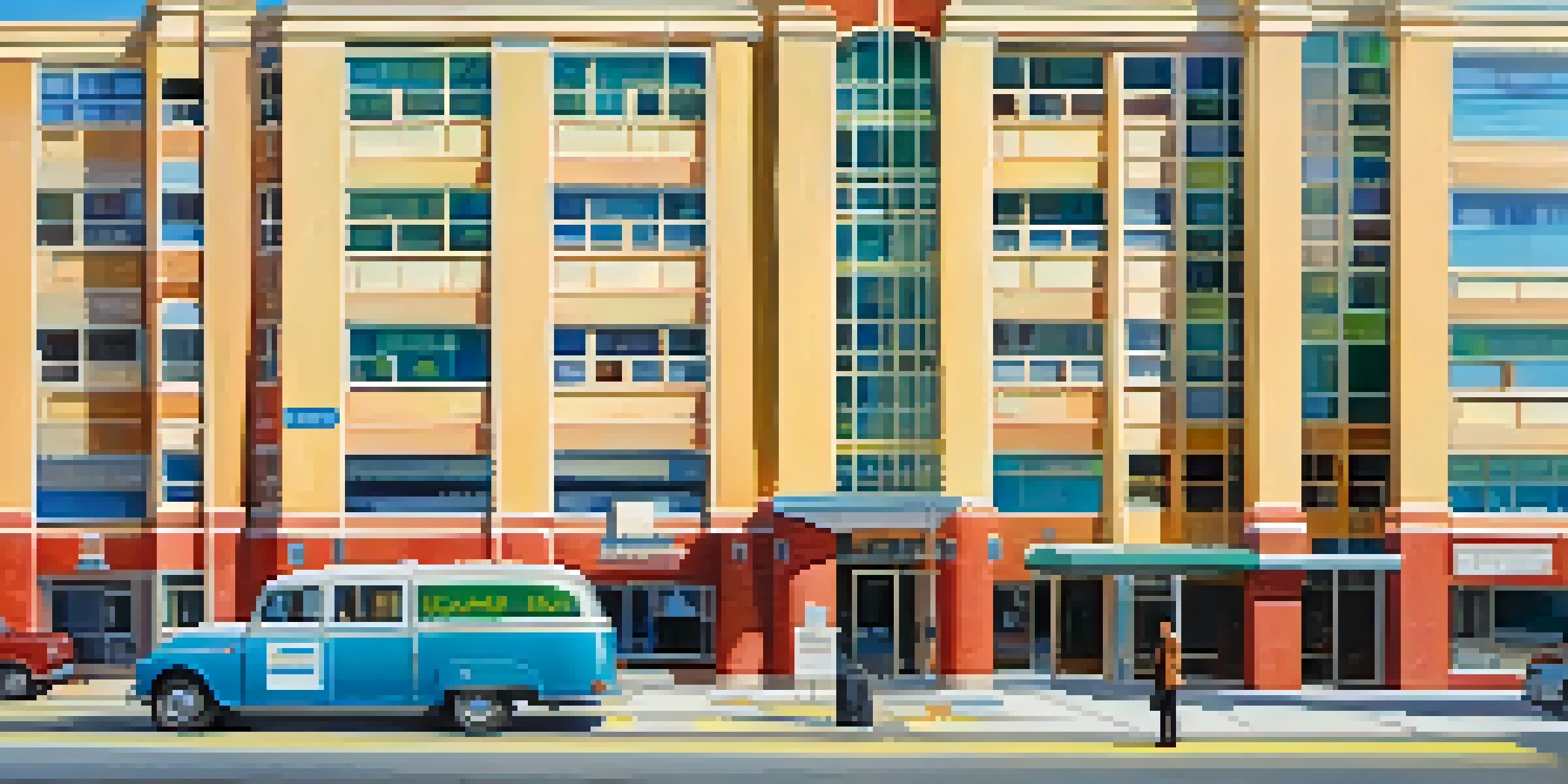 A traveler in front of a hospital, looking at their smartphone for emergency contact information, with colorful buildings and a blue sky in the background.