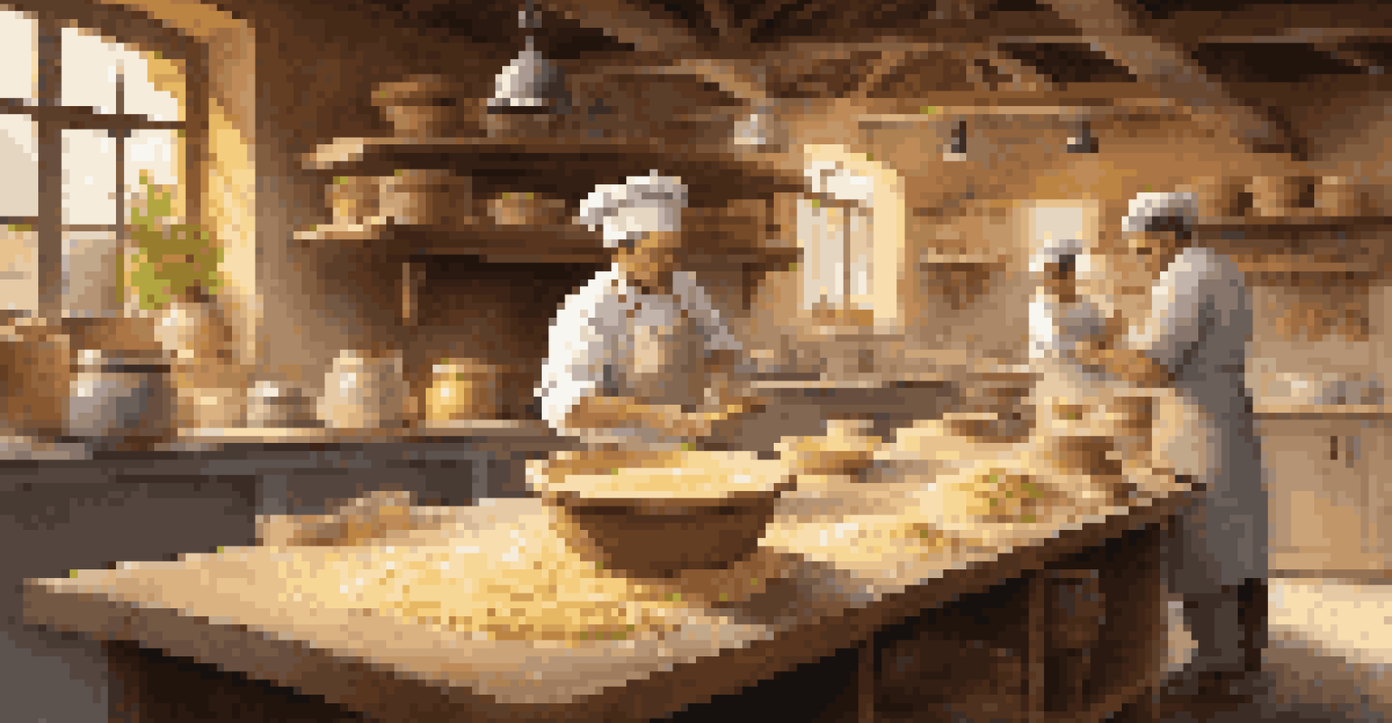 An Italian chef showing participants how to make pasta in a rustic kitchen, with ingredients and flour on the table.