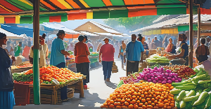 Travelers engaging with local artisans in a colorful market.