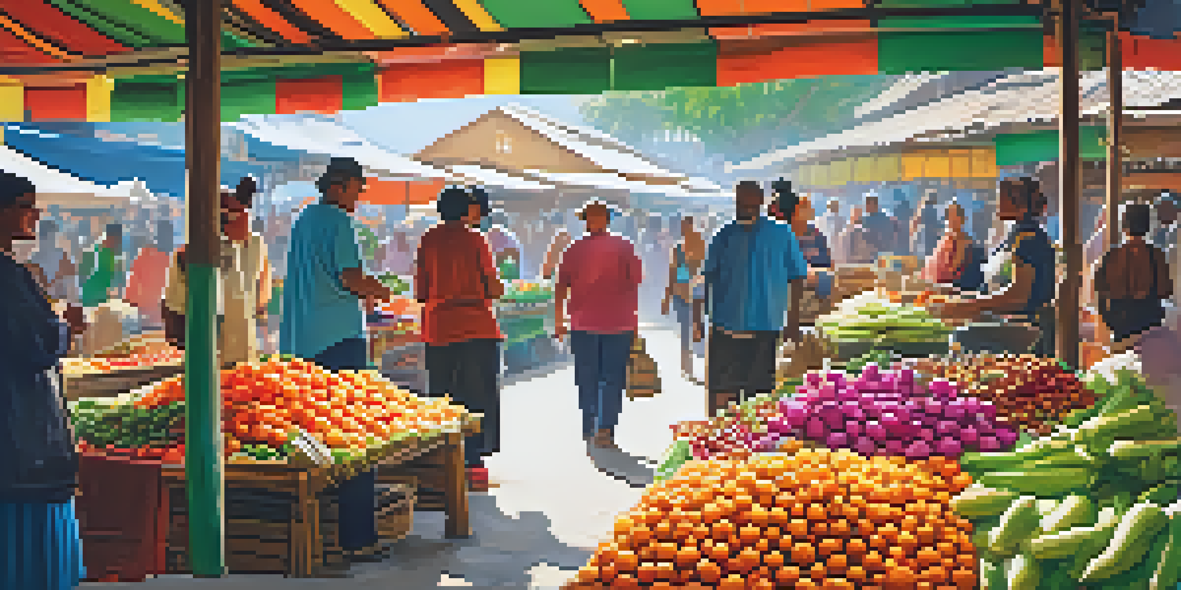 Travelers engaging with local artisans in a colorful market.