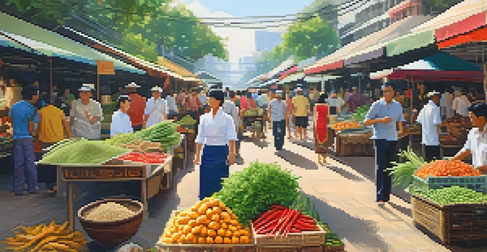 A lively street market in Thailand, showcasing fresh fruits, vegetables, and spices, with people engaged in cooking classes under a bright sun.