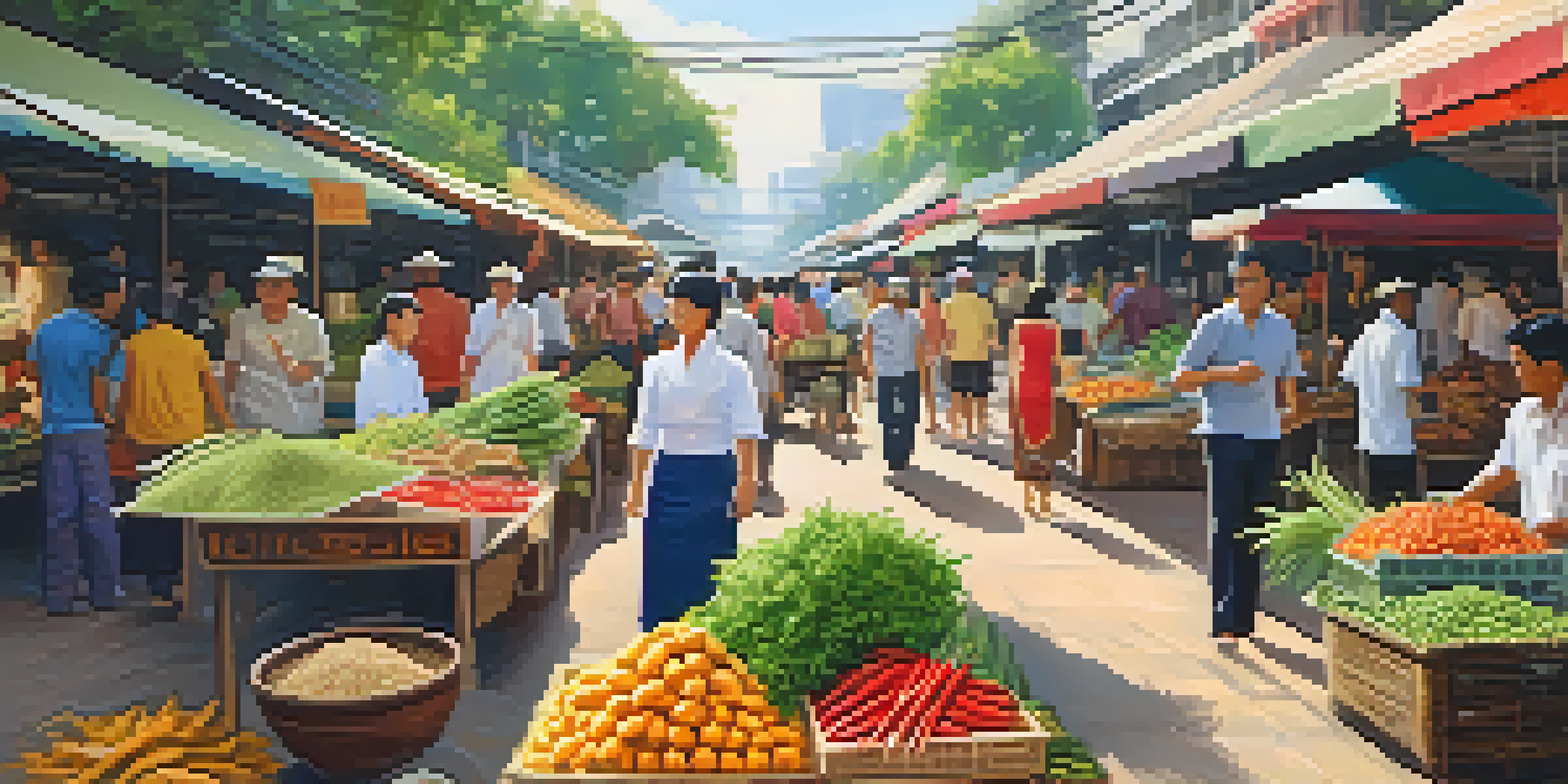 A lively street market in Thailand, showcasing fresh fruits, vegetables, and spices, with people engaged in cooking classes under a bright sun.