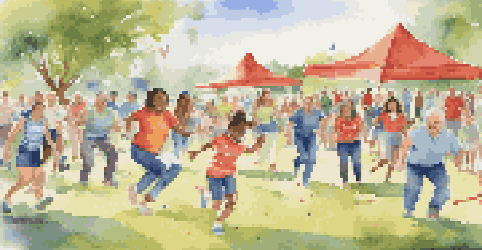 Family members of all ages participating in inclusive games at an outdoor reunion, surrounded by colorful decorations.