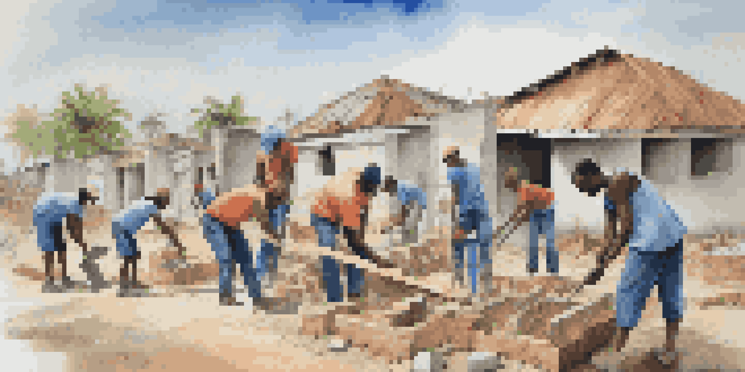 A group of volunteers collaborating to build homes in Haiti, showcasing teamwork and community spirit.