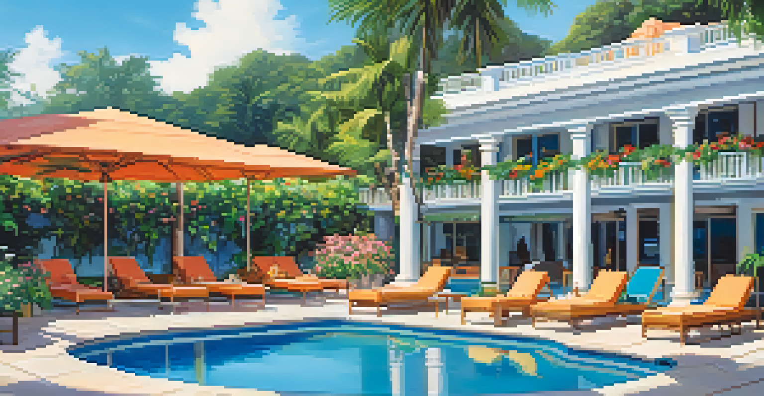 A beautiful outdoor hotel pool area with lush plants, colorful flowers, and lounge chairs beside the clear water.