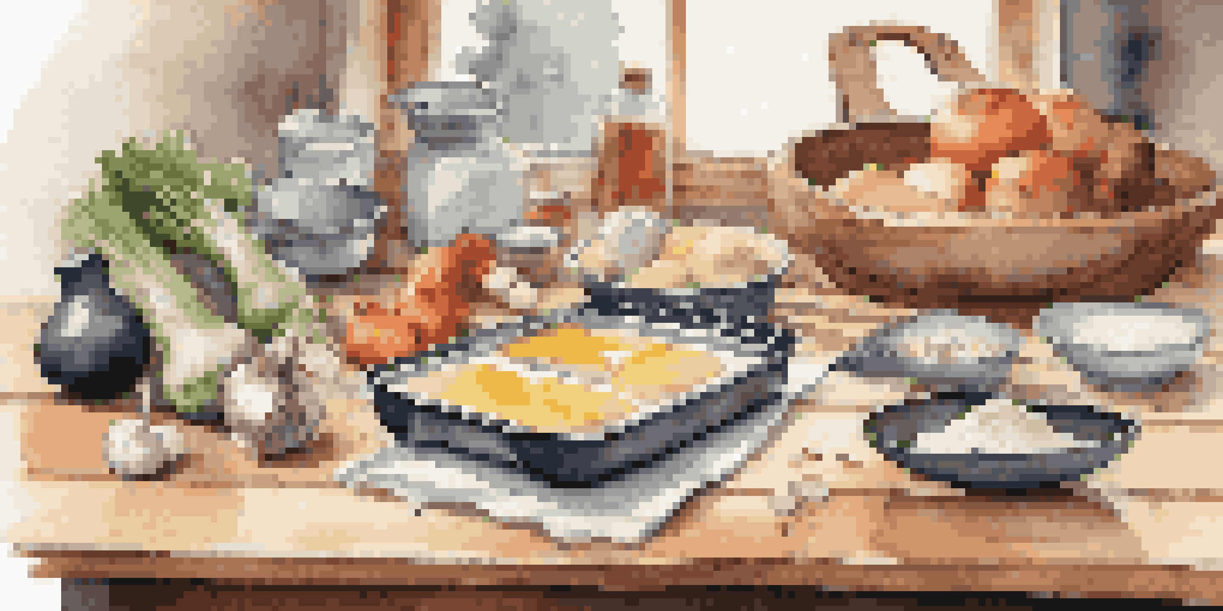 A travel cooking kit displayed on a kitchen table with various utensils and fresh ingredients, illuminated by soft natural light.