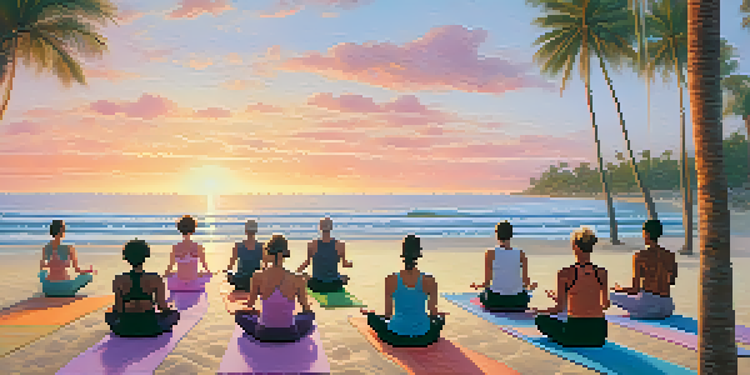 A group of diverse individuals practicing yoga on a beach during sunrise, with palm trees and gentle waves in the background.