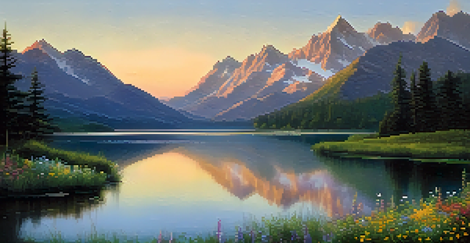 A tranquil mountain landscape with a reflective lake and wildflowers in the foreground during golden hour.